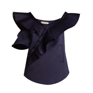 Self-Portrait Satin Off The Shoulder Ruffle Blouse in Navy, size 2